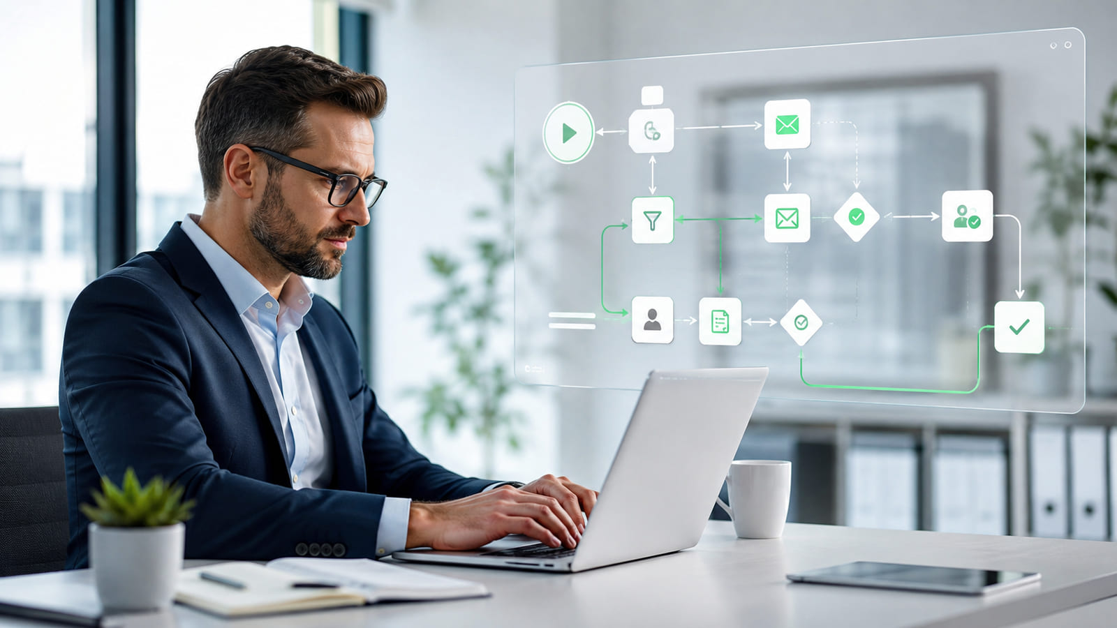 Fluxo de automação corporativa com agentes de inteligência artificial